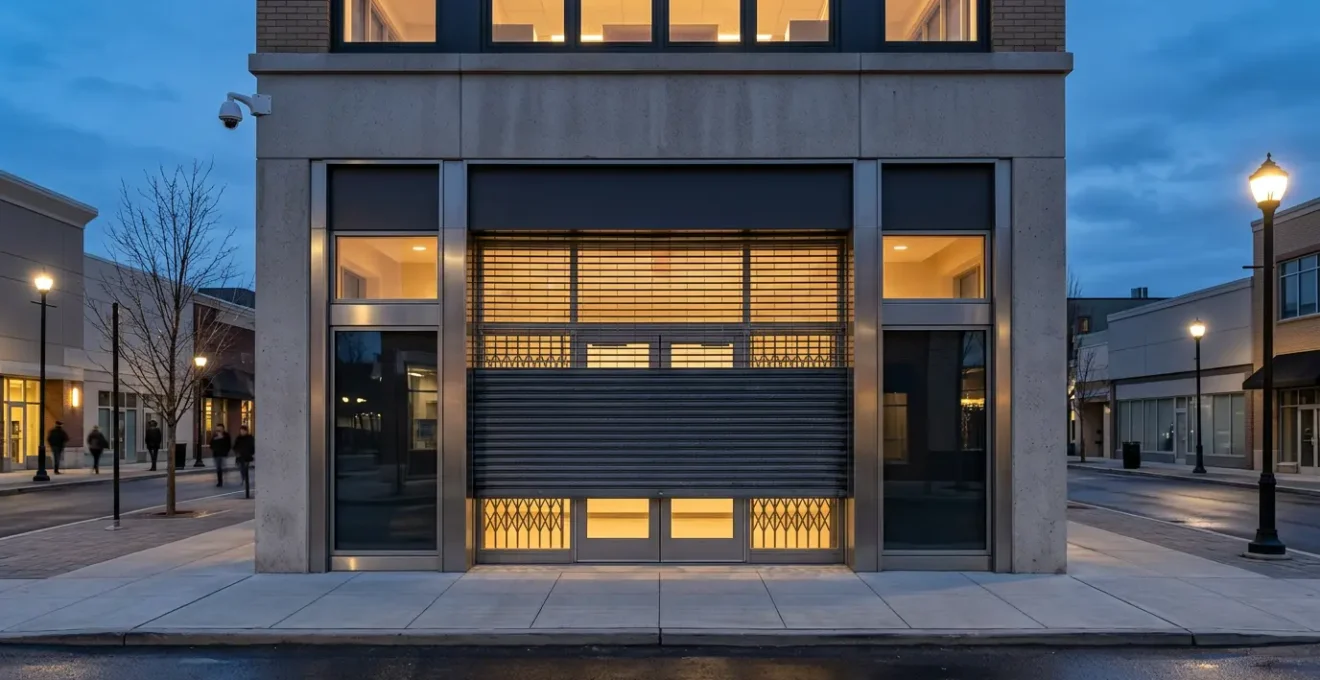 Vue extérieure d'un commerce sécurisé avec rideau métallique et système de surveillance