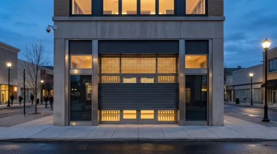 Vue extérieure d'un commerce sécurisé avec rideau métallique et système de surveillance