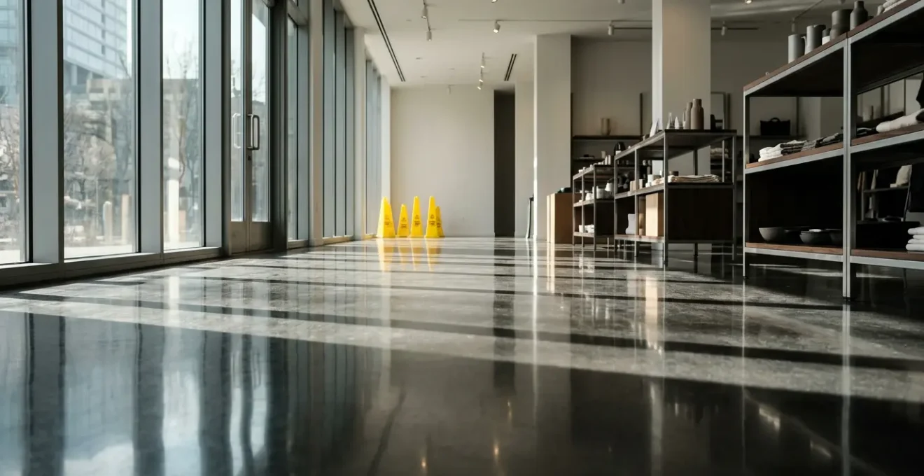Vue d'ensemble d'un magasin avec sol brillant reflétant la lumière, perspective depuis l'entrée