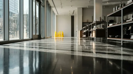 Vue d'ensemble d'un magasin avec sol brillant reflétant la lumière, perspective depuis l'entrée