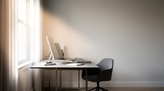 Bureau de télétravail moderne avec équipement informatique professionnel dans un cadre domestique