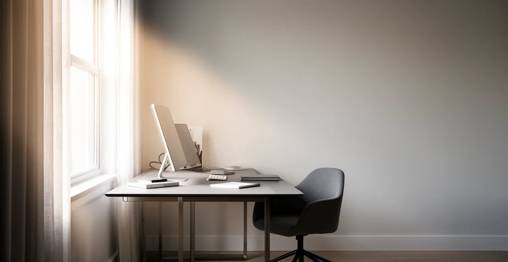 Bureau de télétravail moderne avec équipement informatique professionnel dans un cadre domestique