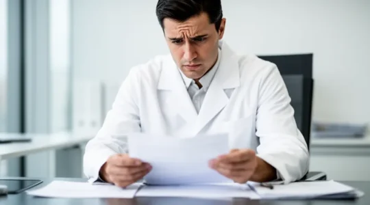 Médecin libéral analysant des documents de prévoyance dans son cabinet moderne