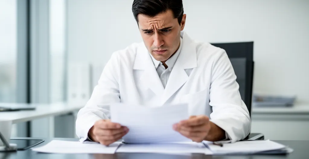 Médecin libéral analysant des documents de prévoyance dans son cabinet moderne