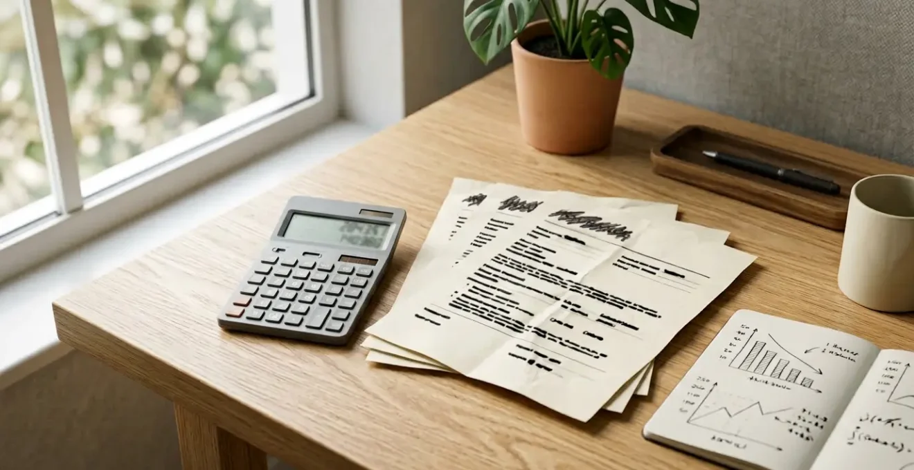 Vue plongeante d'un bureau moderne avec calculatrice, contrats d'assurance et graphiques de réduction de coûts