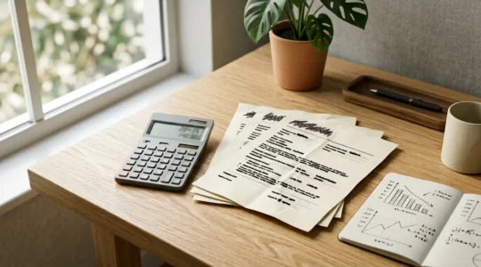 Vue plongeante d'un bureau moderne avec calculatrice, contrats d'assurance et graphiques de réduction de coûts