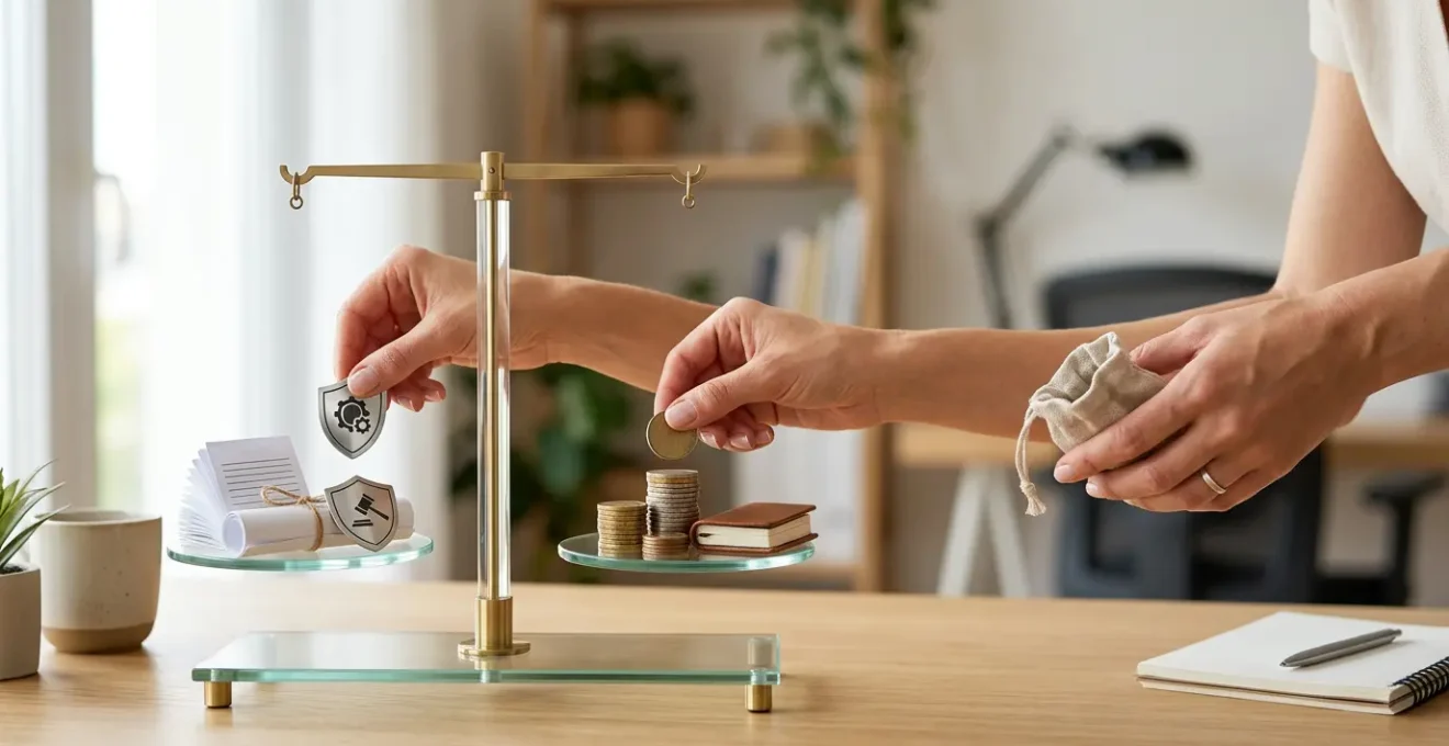 Un entrepreneur calcule ses garanties d'assurance essentielles sur sa calculatrice dans un bureau épuré