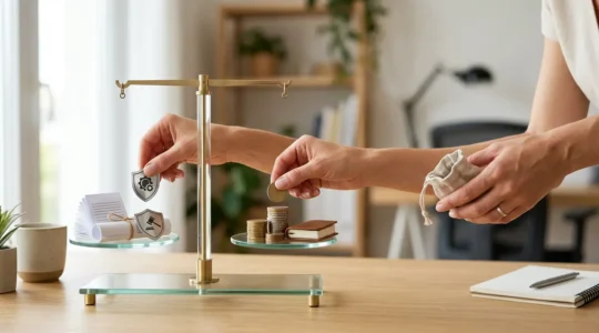 Un entrepreneur calcule ses garanties d'assurance essentielles sur sa calculatrice dans un bureau épuré