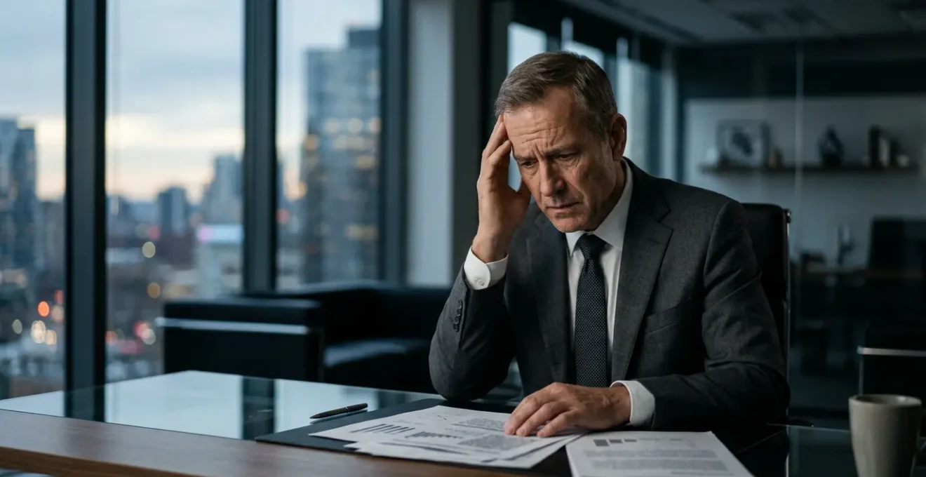 Dirigeant d'entreprise dans un bureau moderne, contemplant des documents financiers avec une expression préoccupée