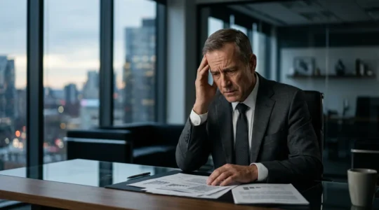 Dirigeant d'entreprise dans un bureau moderne, contemplant des documents financiers avec une expression préoccupée