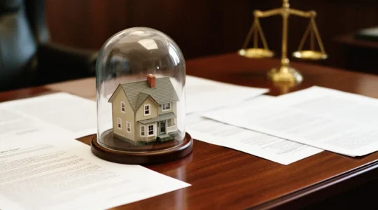 Bureau de direction avec éléments symbolisant la protection du patrimoine personnel : maison miniature sous cloche de verre, documents juridiques et balance de justice