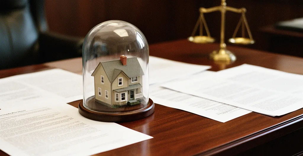 Bureau de direction avec éléments symbolisant la protection du patrimoine personnel : maison miniature sous cloche de verre, documents juridiques et balance de justice