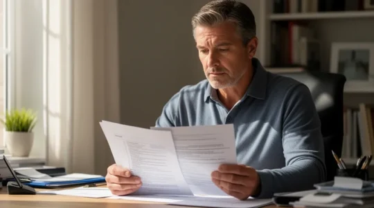 Travailleur indépendant consultant des documents de prévoyance dans un bureau lumineux