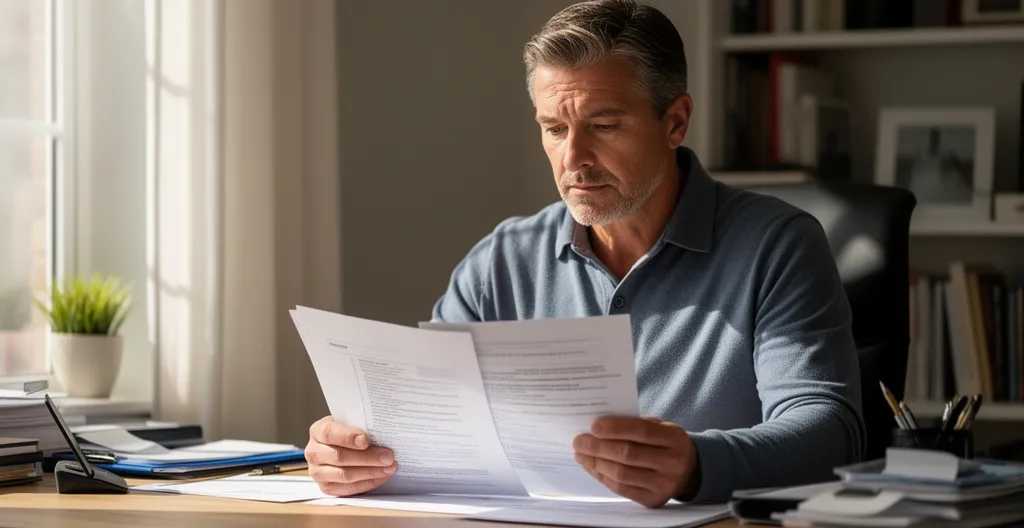 Travailleur indépendant consultant des documents de prévoyance dans un bureau lumineux