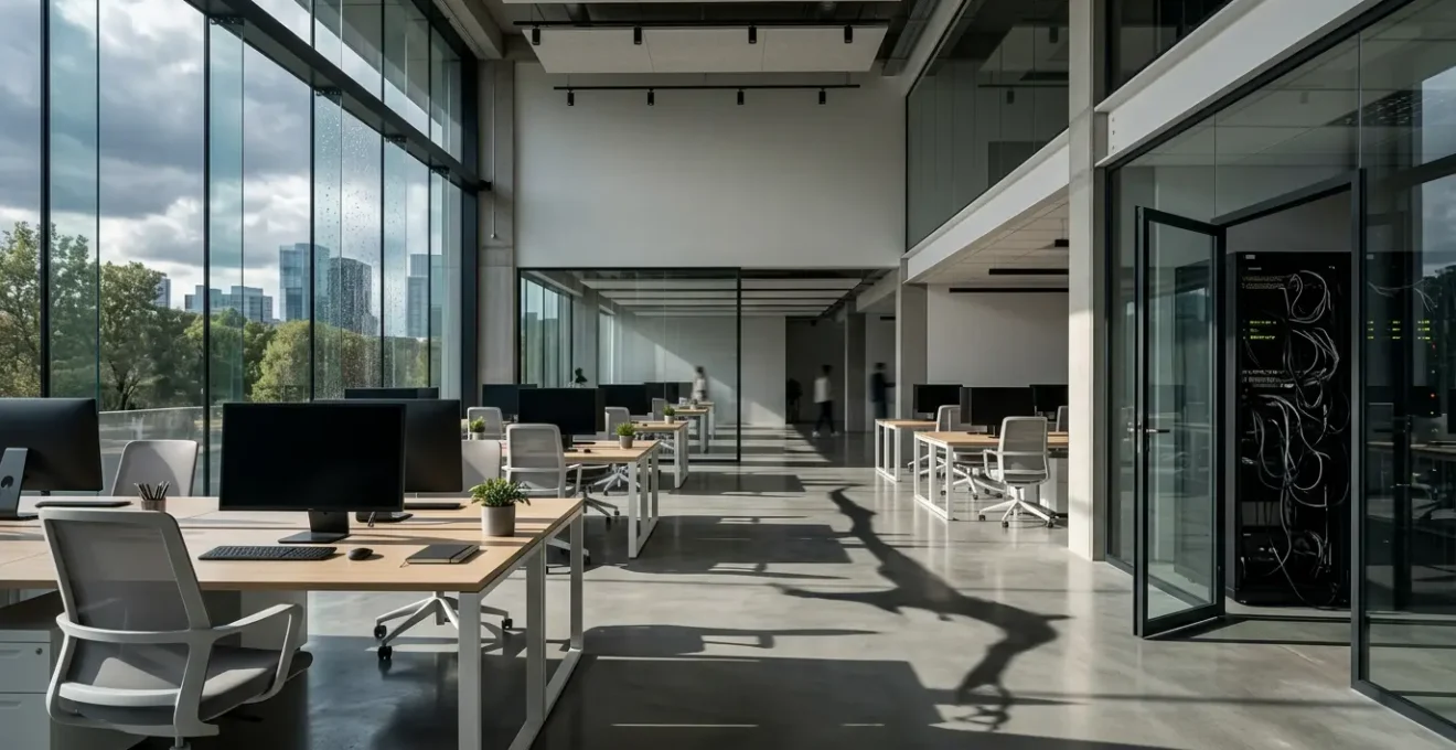 Vue en perspective d'un bureau professionnel moderne avec un effet de transparence révélant des risques cachés dans l'environnement de travail