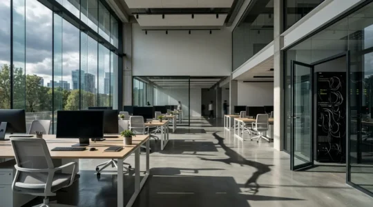 Vue en perspective d'un bureau professionnel moderne avec un effet de transparence révélant des risques cachés dans l'environnement de travail