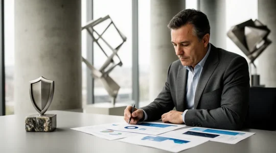 Dirigeant d'entreprise analysant des indicateurs financiers sur son bureau avec une lumière naturelle douce