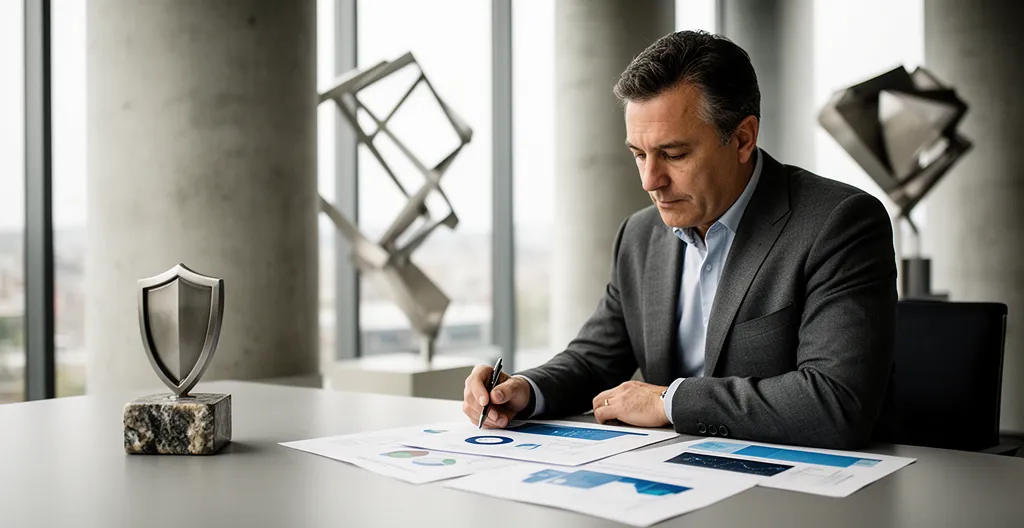Dirigeant d'entreprise analysant des indicateurs financiers sur son bureau avec une lumière naturelle douce