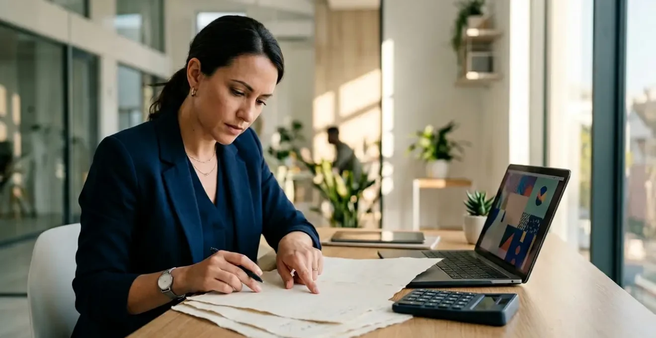 Entrepreneur consultant ses devis d'assurance professionnelle avec éléments de données et calculatrice