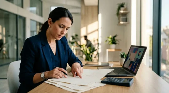 Entrepreneur consultant ses devis d'assurance professionnelle avec éléments de données et calculatrice