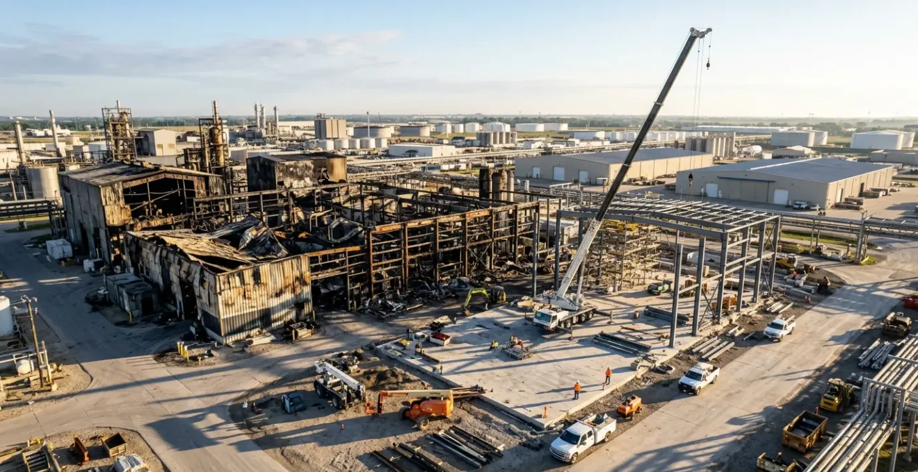 Vue aérienne d'une usine industrielle partiellement touchée par un incendie avec équipes de reconstruction et experts sur site