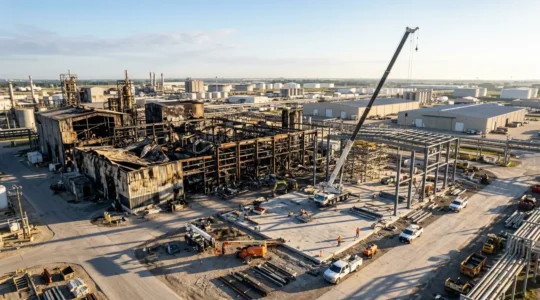 Vue aérienne d'une usine industrielle partiellement touchée par un incendie avec équipes de reconstruction et experts sur site