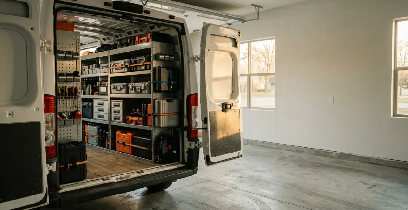 Vue arrière d'un fourgon utilitaire professionnel avec portes ouvertes montrant des étagères organisées remplies d'outils sécurisés dans un garage éclairé
