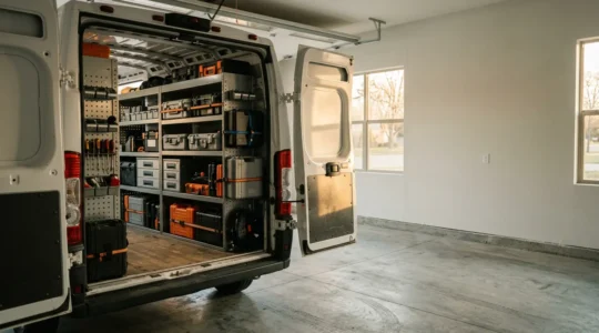 Vue arrière d'un fourgon utilitaire professionnel avec portes ouvertes montrant des étagères organisées remplies d'outils sécurisés dans un garage éclairé