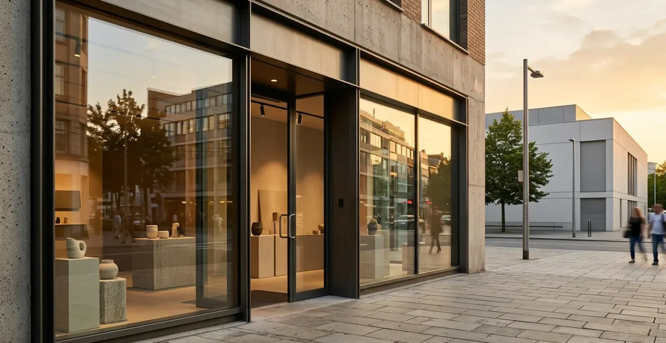 Vue frontale d'une vitrine de commerce moderne avec reflets et jeux de lumière naturelle