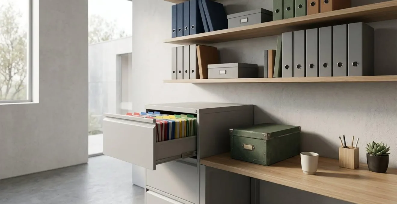 Espace de bureau minimaliste avec système d'archivage méthodique