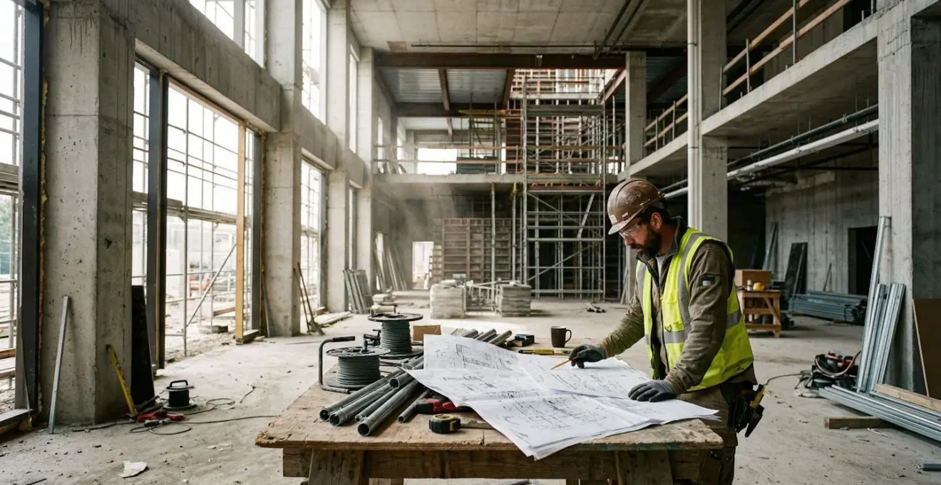 Artisan du bâtiment examinant des documents techniques sur un chantier