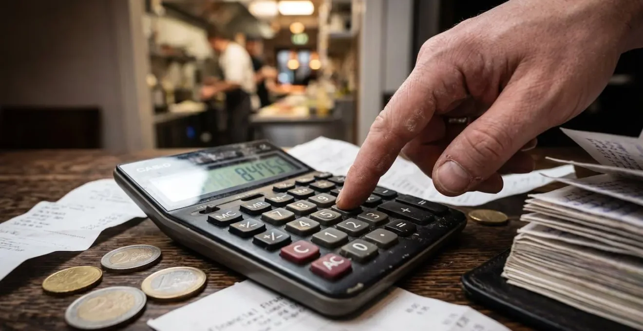Calculatrice professionnelle sur table avec graphiques de rentabilité et carnet de recettes flou en arrière-plan