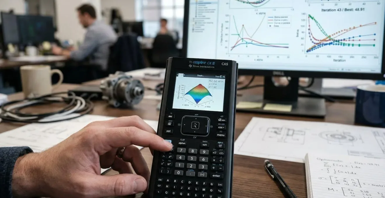 Gros plan sur une calculatrice professionnelle avec des graphiques d'optimisation en arrière-plan flou
