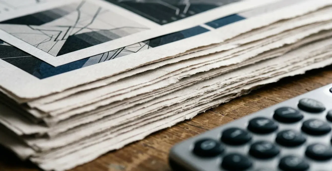 Bureau avec calculatrice et documents financiers empilés montrant une stratégie de regroupement