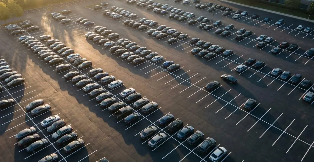 Vue aérienne d'un parking d'entreprise avec véhicules stationnés en rangées