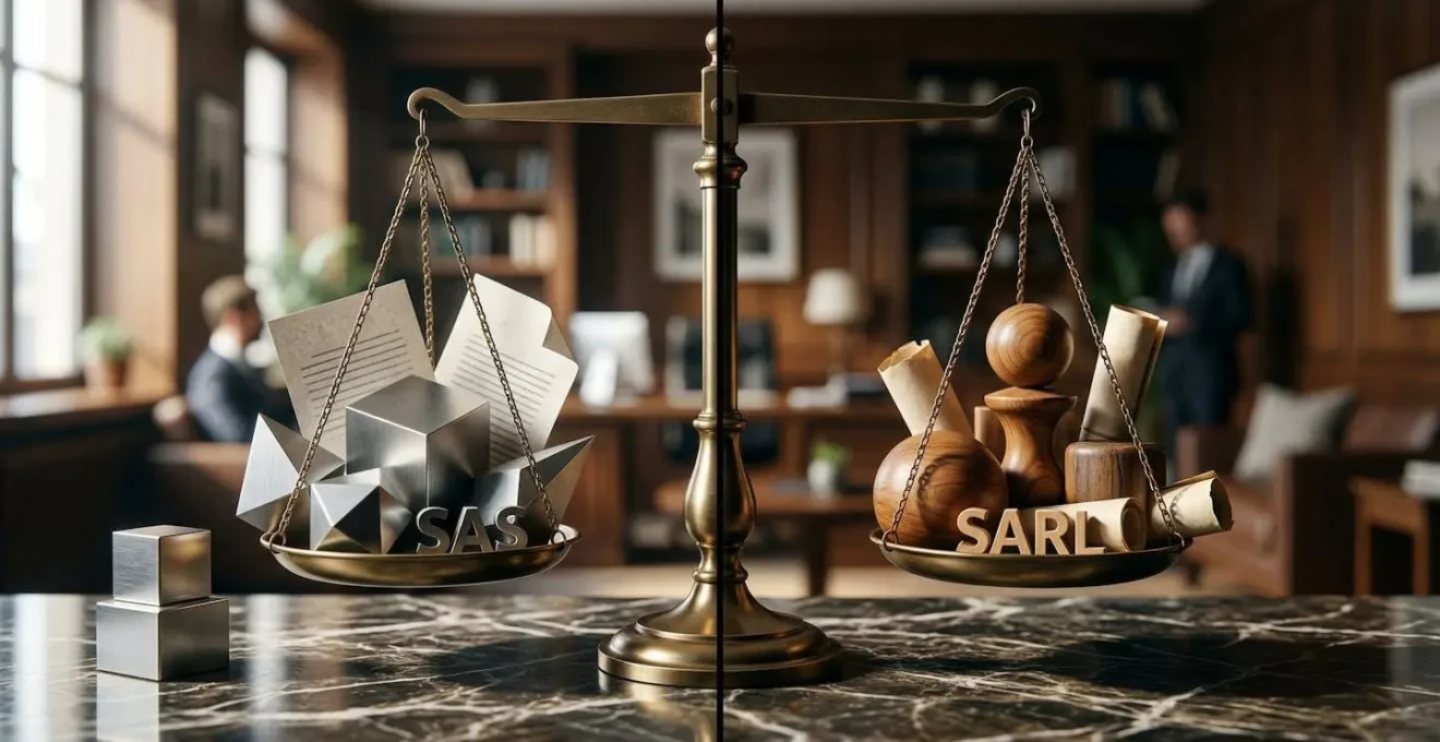 Comparaison visuelle entre structures SAS et SARL avec représentation abstraite des charges