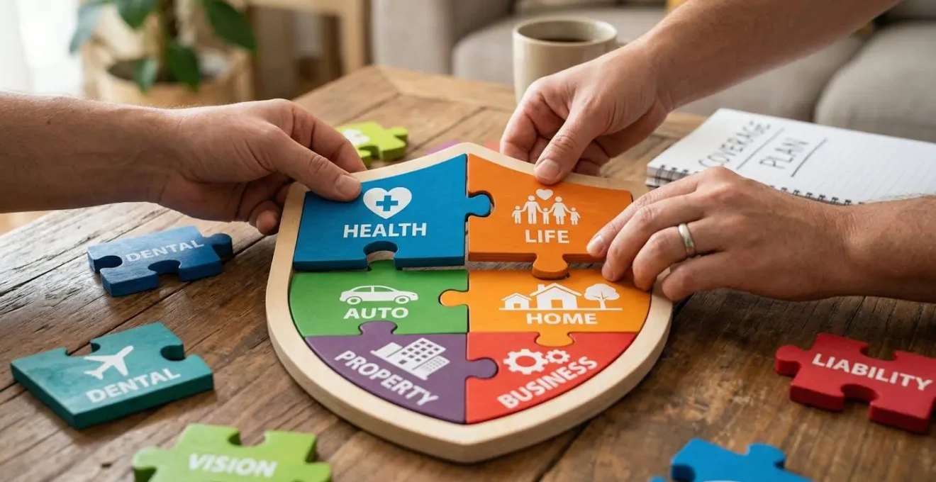 Mains assemblant des pièces de puzzle représentant les différentes garanties d'assurance