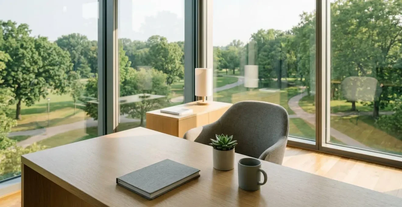 Bureau épuré avec vue sur un parc verdoyant symbolisant l'équilibre professionnel