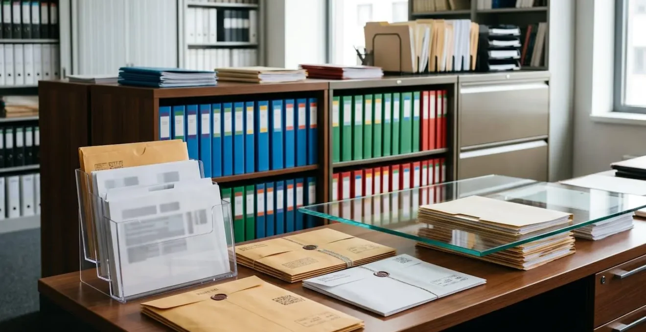 Consultant organisant méthodiquement ses archives et preuves de création dans un bureau