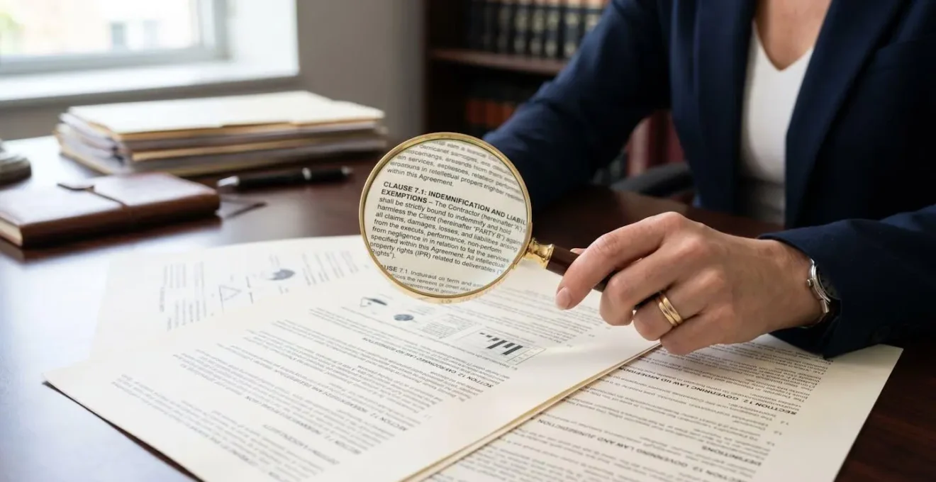 Main professionnelle tenant une loupe grossissante examinant des détails contractuels abstraits