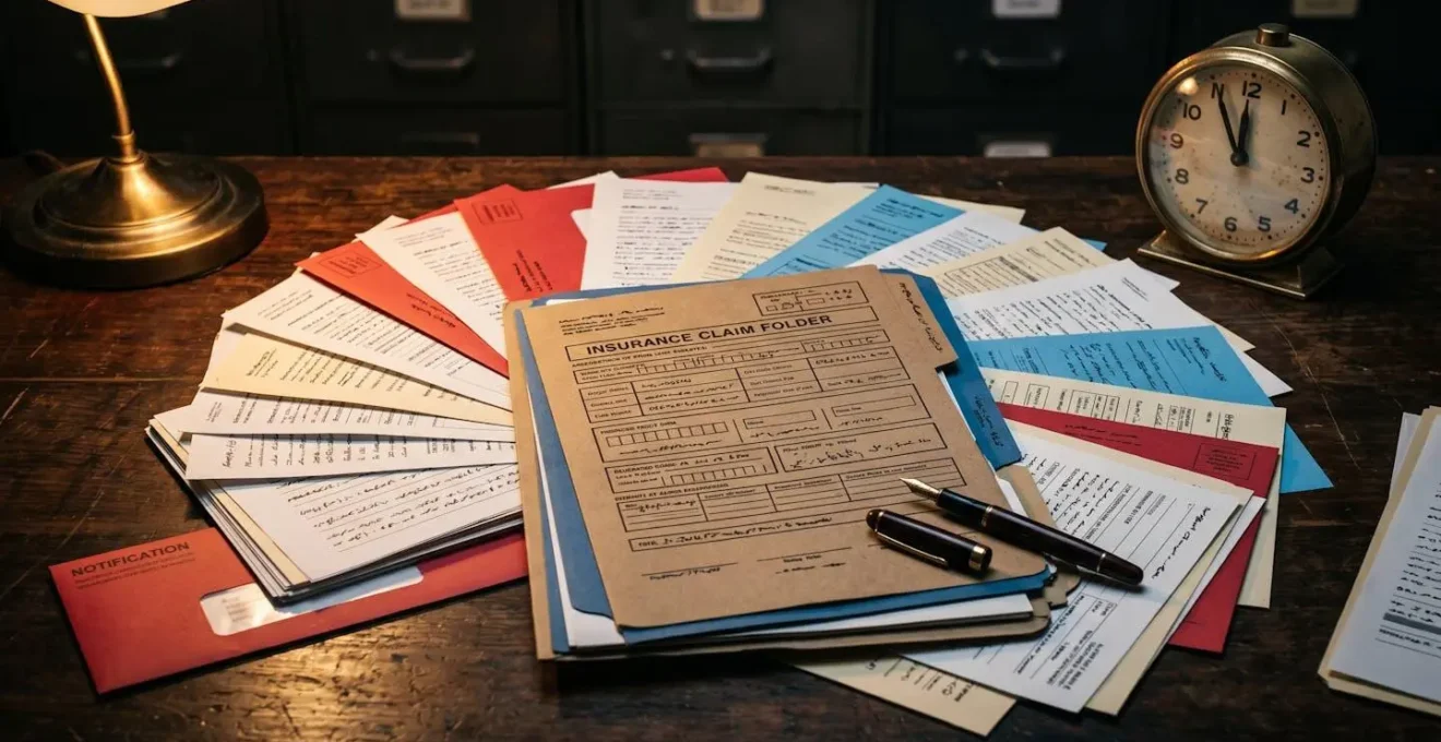 Bureau avec documents de déclaration de sinistre et horloge symbolisant l'urgence