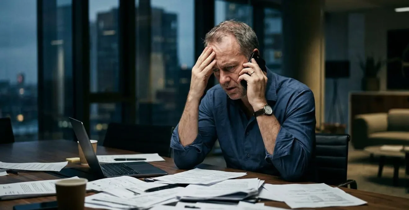 Dirigeant d'entreprise au téléphone gérant une crise de communication après une cyberattaque