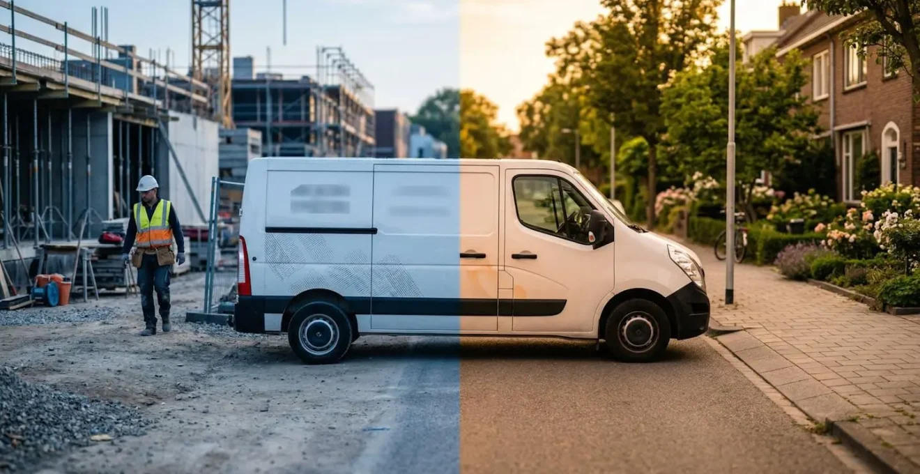 Vue latérale d'un utilitaire à l'arrêt avec deux zones visuellement distinctes symbolisant l'usage professionnel et privé