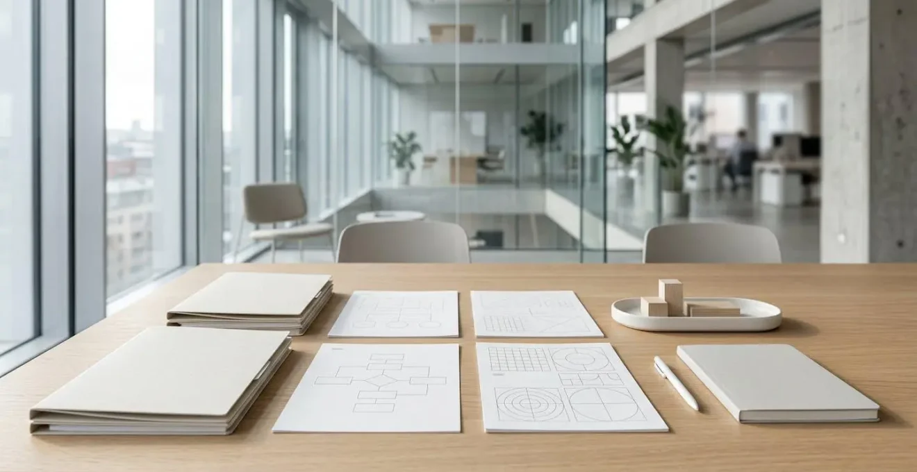 Environnement de bureau minimaliste avec documents techniques organisés