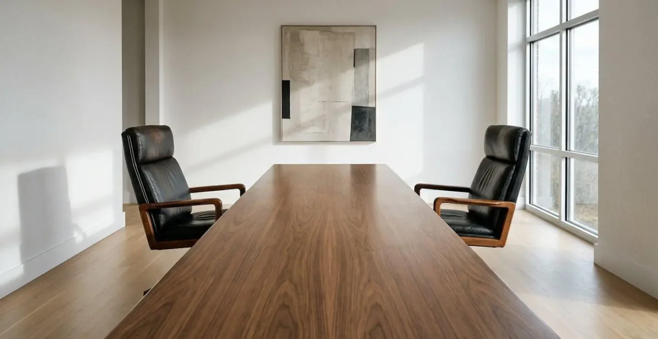 Bureau minimaliste avec deux chaises de direction identiques face à face symbolisant l'égalité des risques SARL/SAS