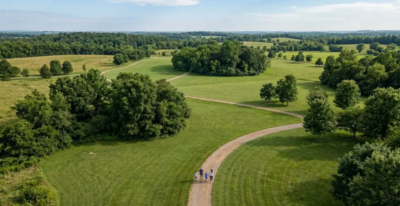 Vue aérienne d'une famille se promenant dans un parc, symbolisant la protection patrimoniale à travers les événements de la vie.