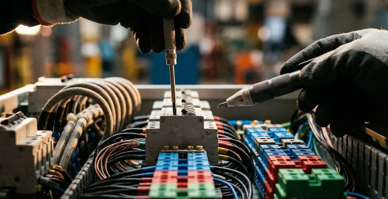 Électricien inspectant tableau électrique après sinistre