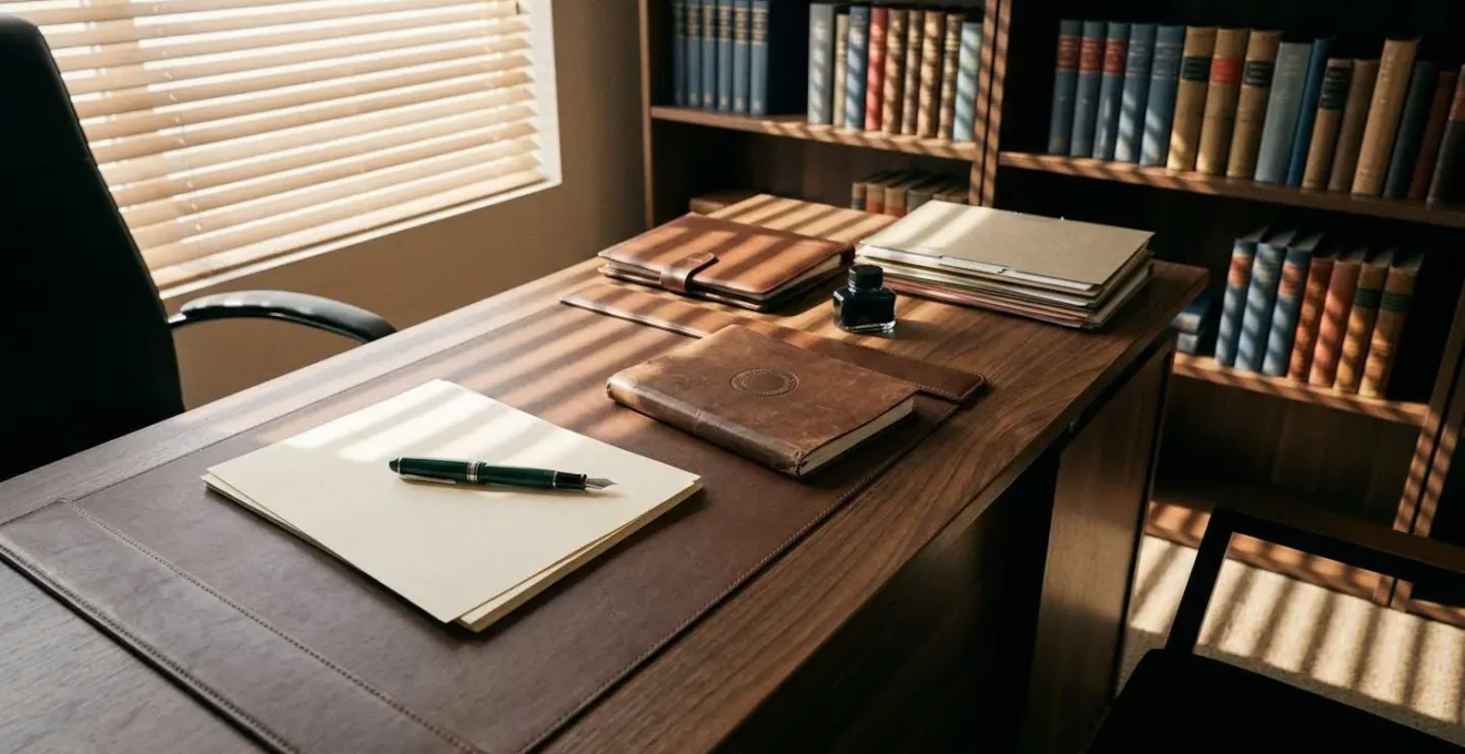 Bureau d'avocat avec documents professionnels et atmosphère solennelle