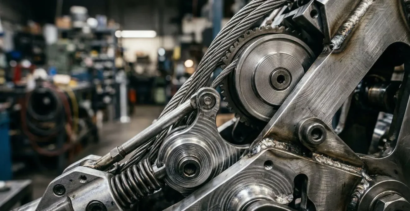 Gros plan sur une machine industrielle prototype complexe avec ingénieur effectuant une expertise technique