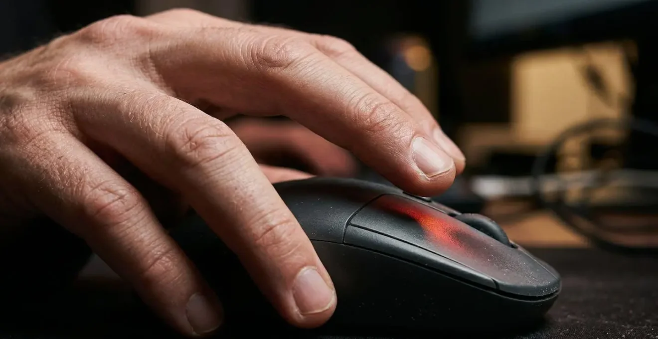 Main sur une souris d'ordinateur, hésitant à cliquer sur un lien potentiellement dangereux de phishing